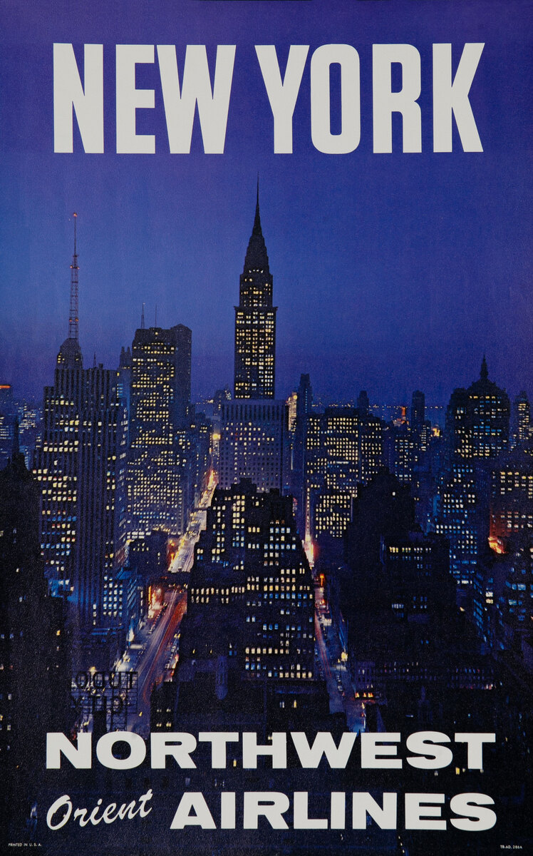 New York Northwest Orient Airlines Travel Poster Night Scene
