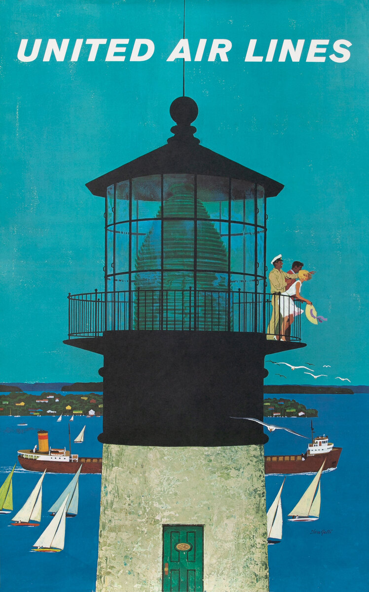 United Air Lines Original Travel Poster Great Lakes Lighthouse