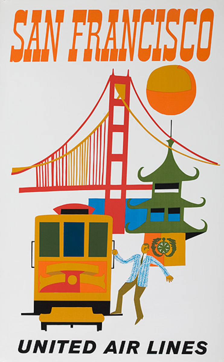 United Airlines Travel Poster San Francisco Bridge silkscreen