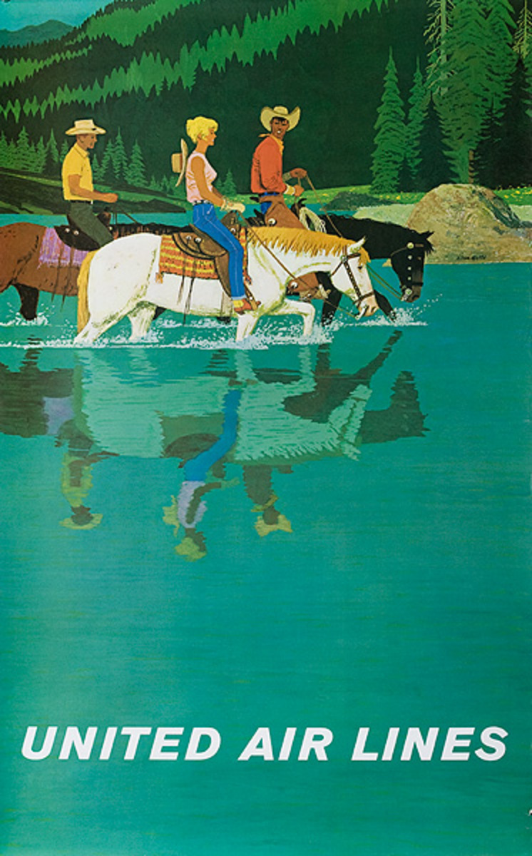 United Air Lines Original Travel Poster Western Horse Riders