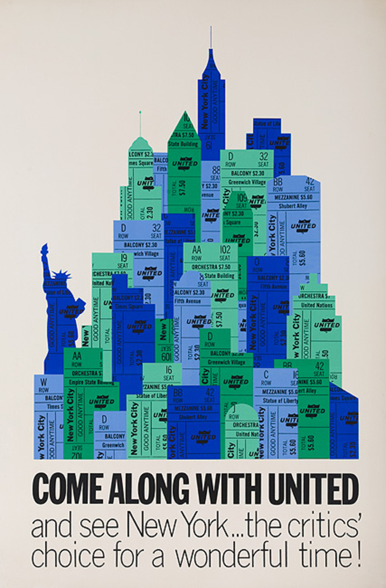 Come Along With United Original UAL New York Travel Poster
