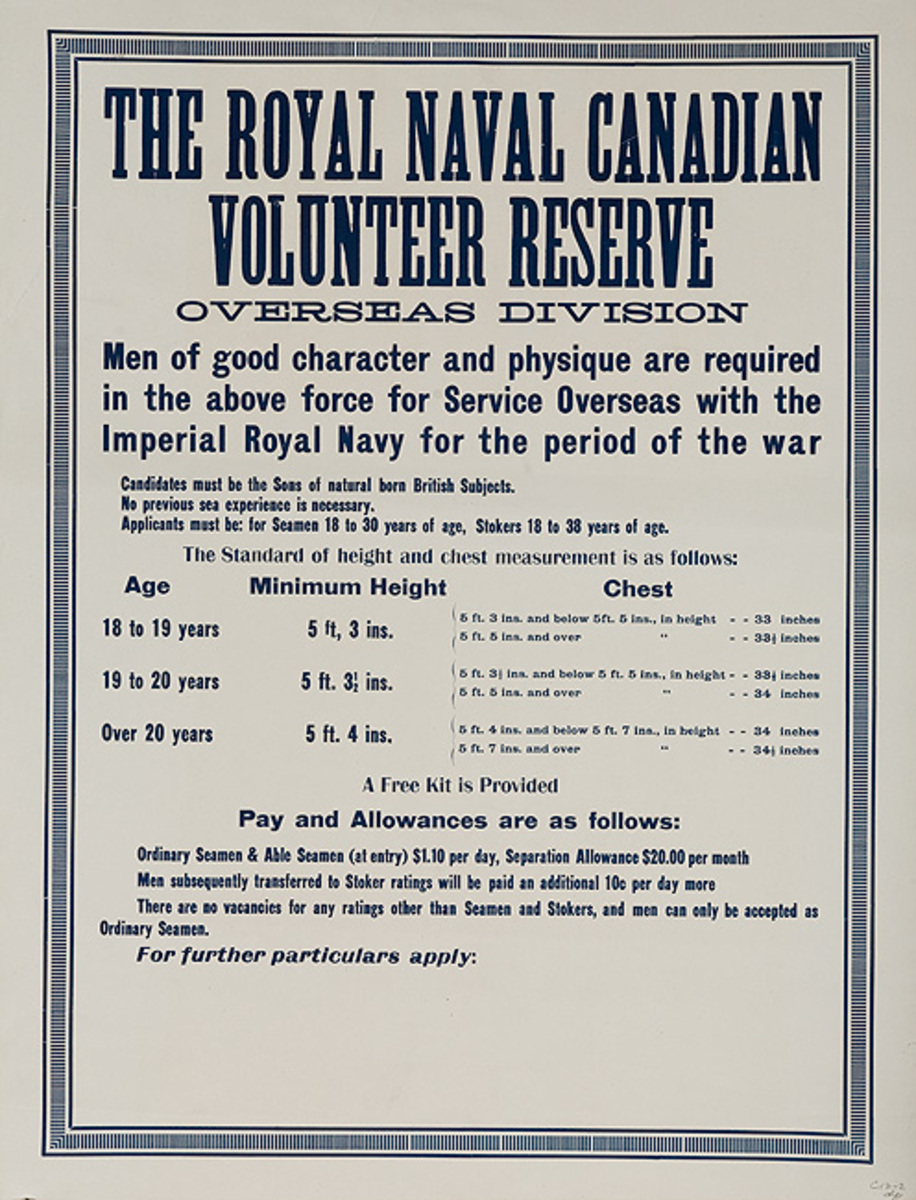 The Royal Naval Canadian Volunteer Reserve Original WWI Recruiting Poster