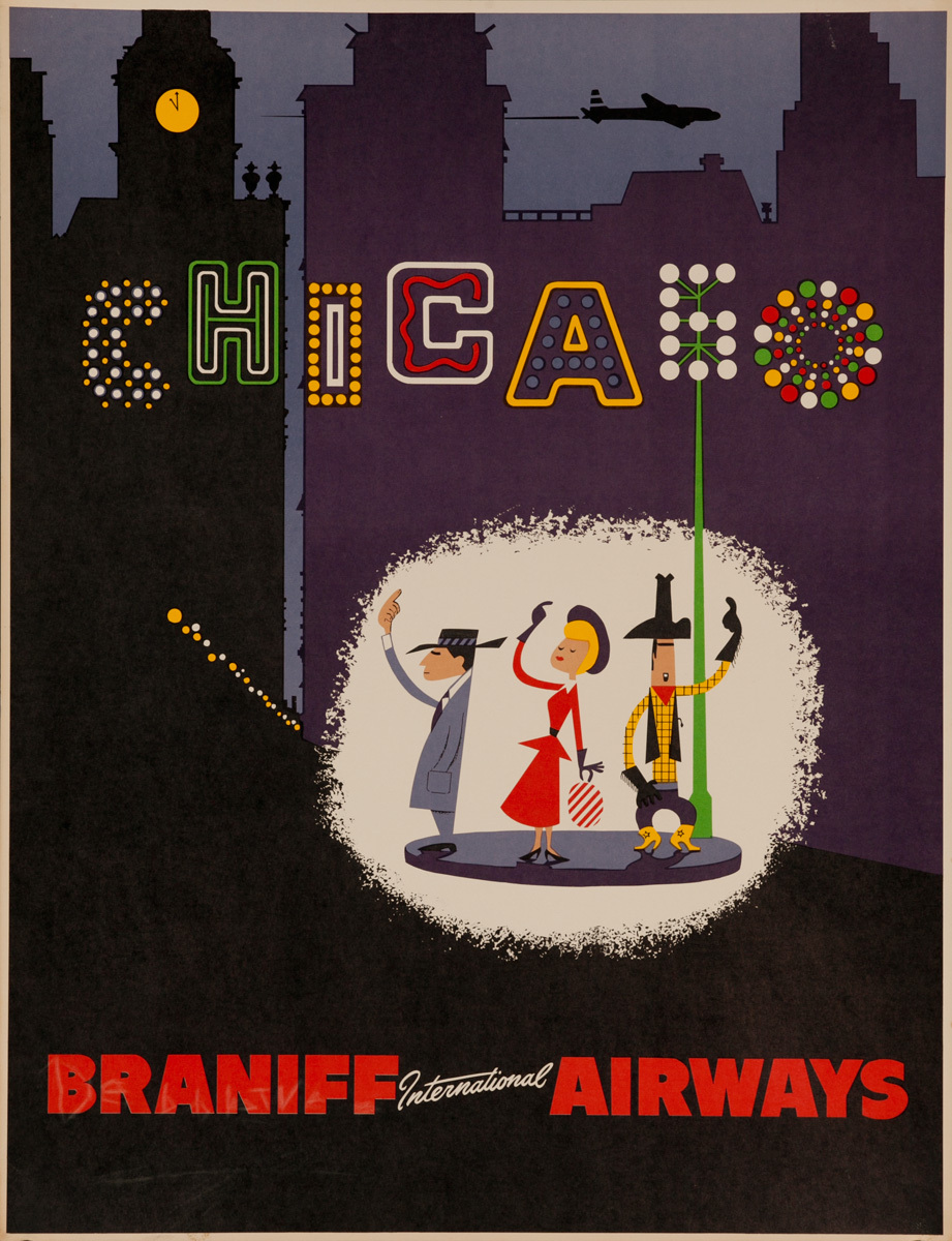 Braniff International Airways Original Travel Poster Chicago night scene