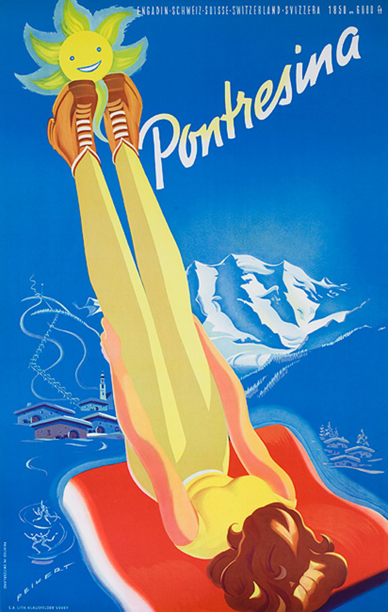 Pontresina Switzerland Travel Poster apres ski babe