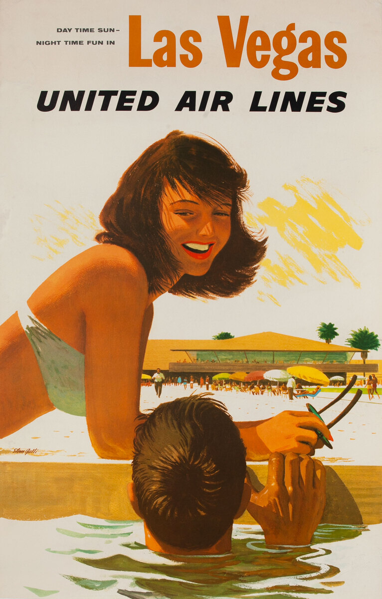 Day Time Sun, Night Time Fun In Las Vegas United Air Lines Original Travel Poster