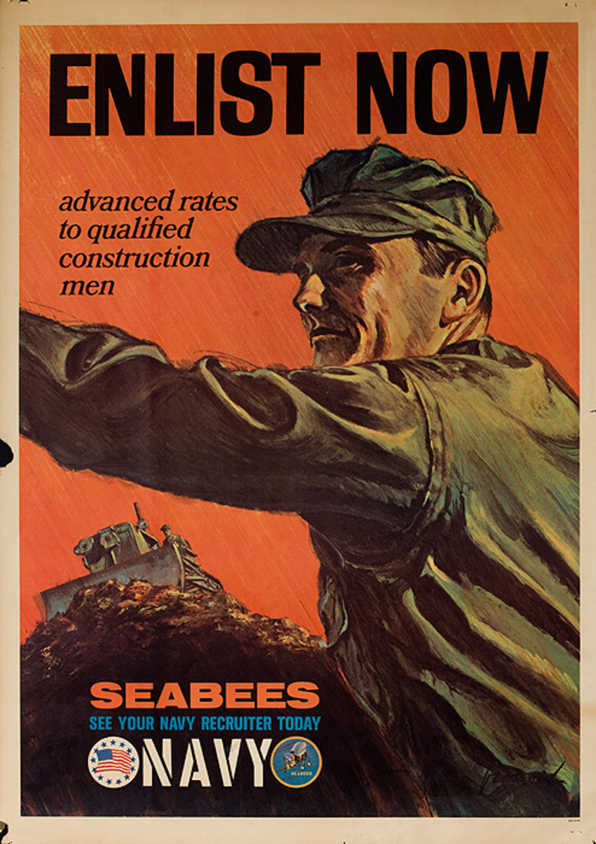 Enlist Now Seabees Navy Original Vietnam War Recruiting Poster