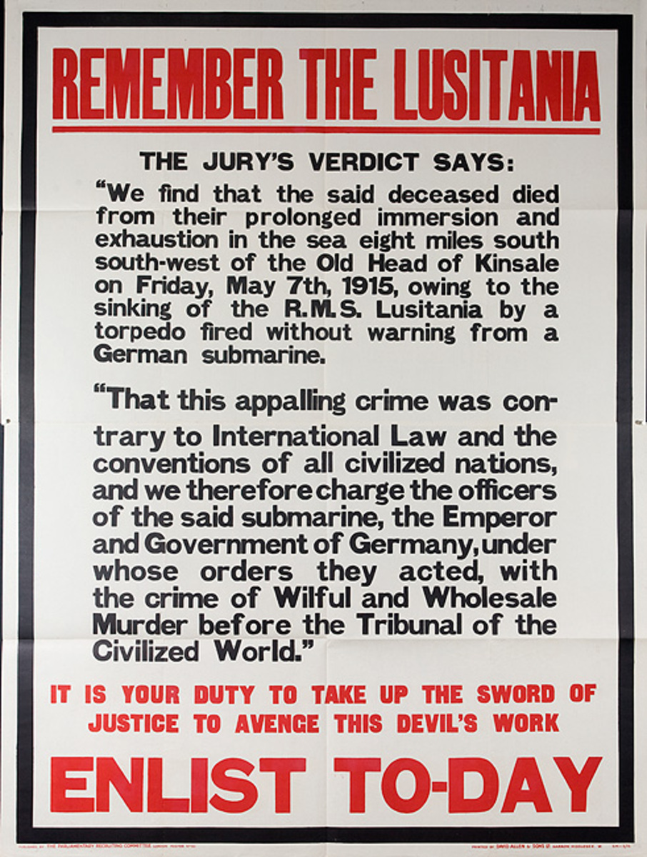 Remember the Lusitania Enlist To-Day<br> British WWI Recruiting Poster (v, xxl)