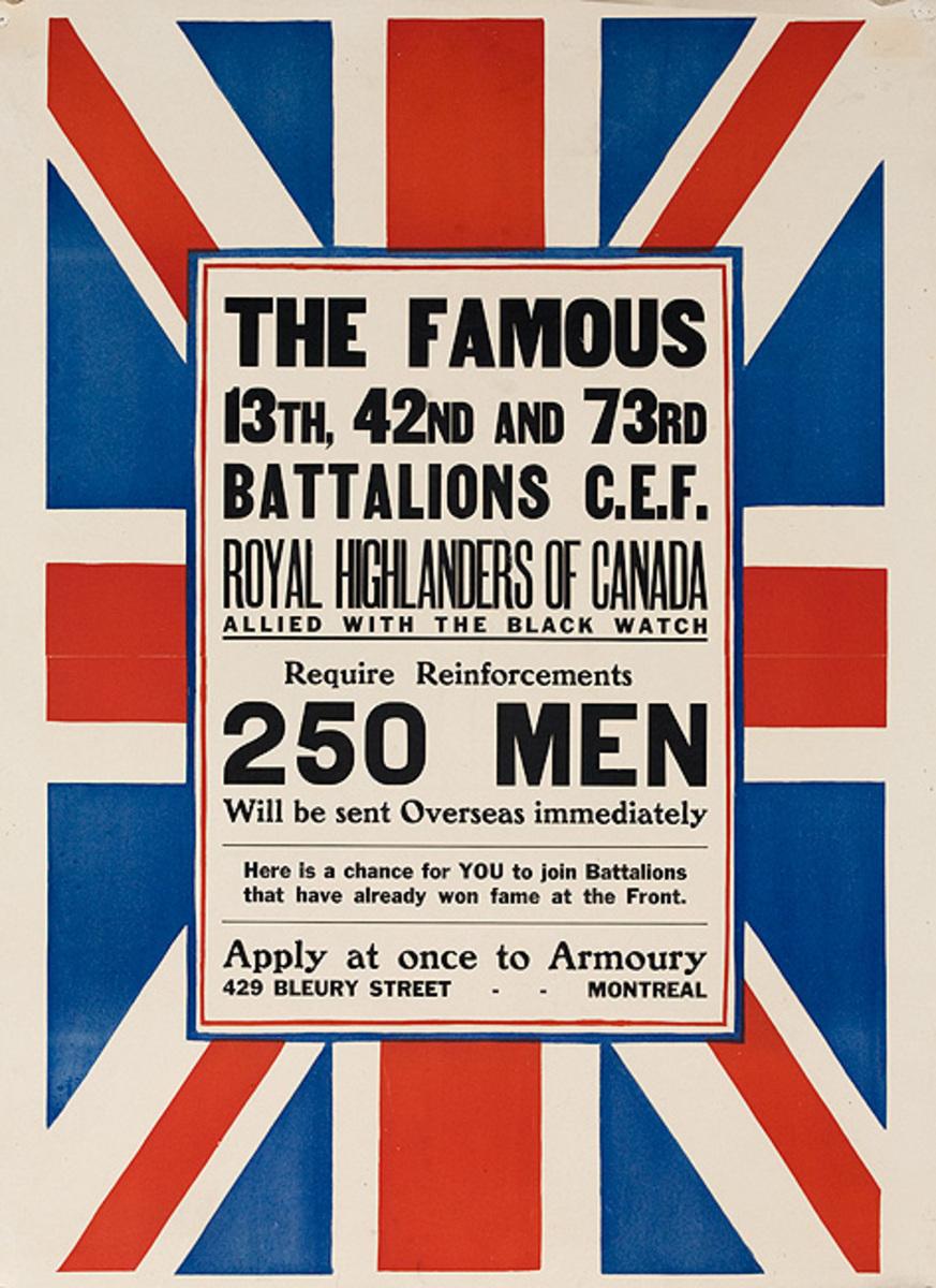 The Famous 13th, 42nd and 73rd Battalions Royal Highlanders of Canada Original WWI Recruiting Poster