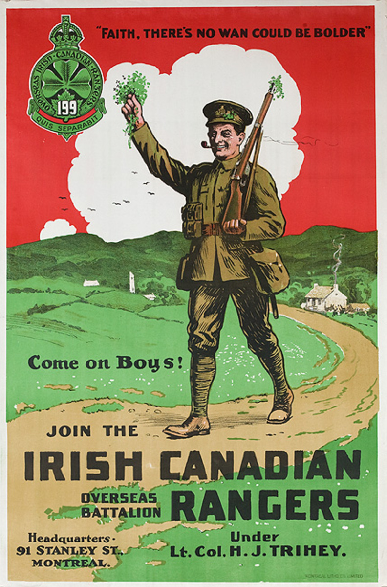 Join the Irish Canadian Rangers 199th Original Canadian WWI Recruiting Poster