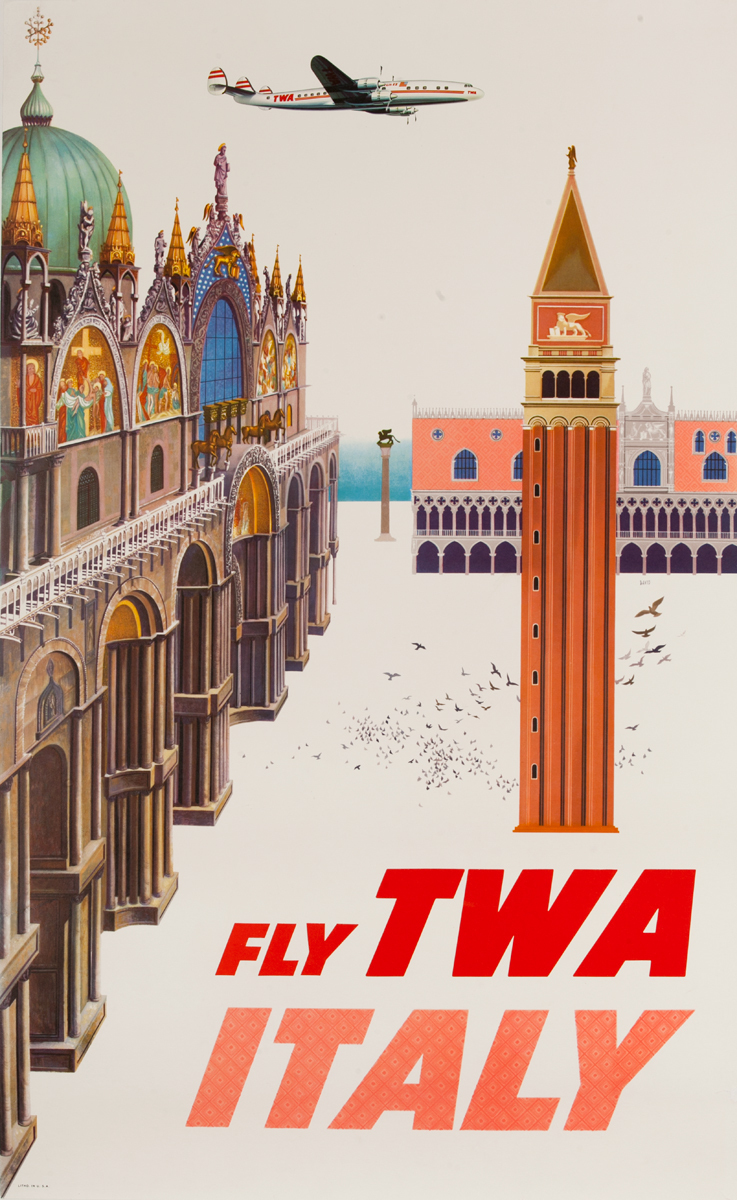 Fly TWA Italy Original Travel Poster, Piazza San Marco, St Mark's Square, Venice
