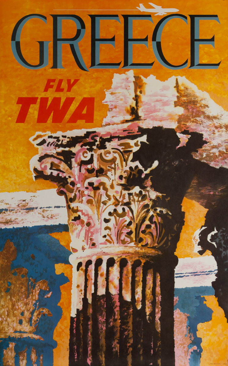 Greece Fly TWA Original Travel Poster Column jet