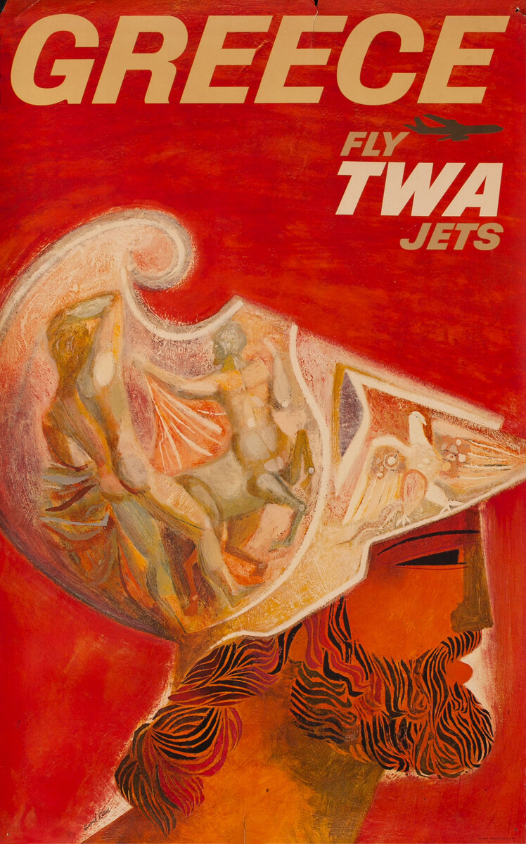 Greece Fly TWA Jets Original Travel Poster Athenian Soldier