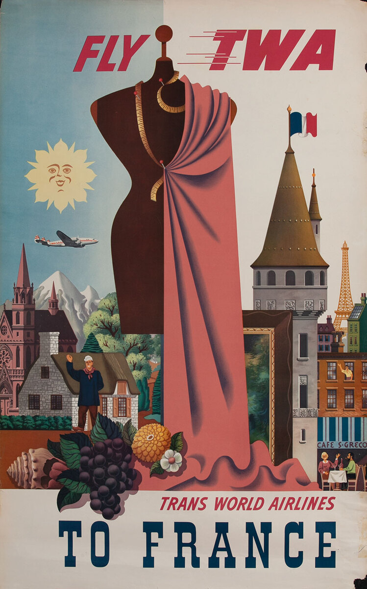 Fly TWA France Original Travel Poster Couture