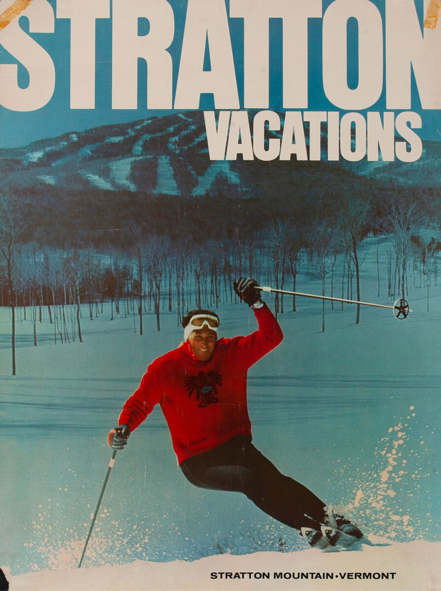 Stratton Vacations Vermont Original American Travel Poster skier in red sweater