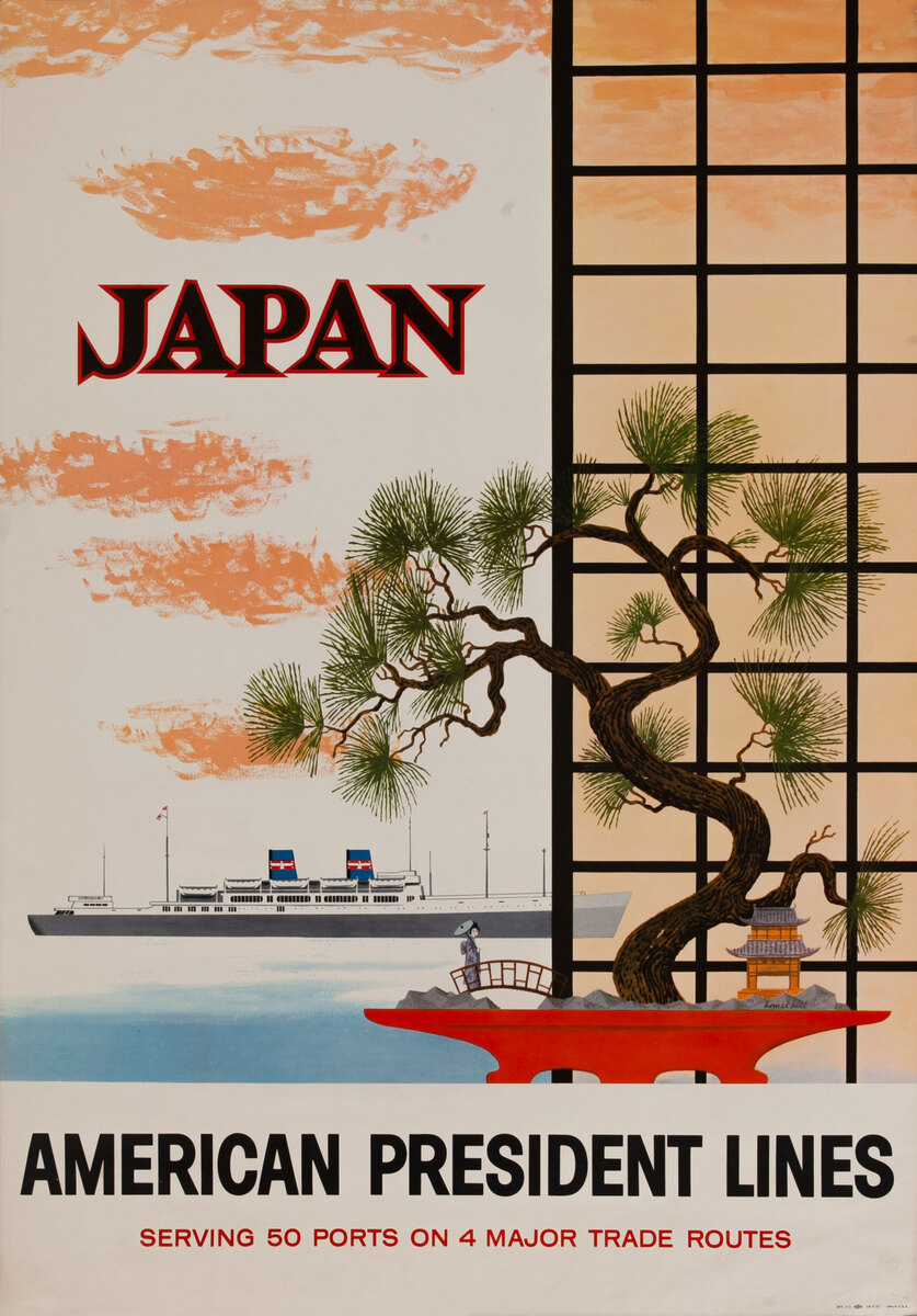 American President Lines Original Travel Poster, Japan