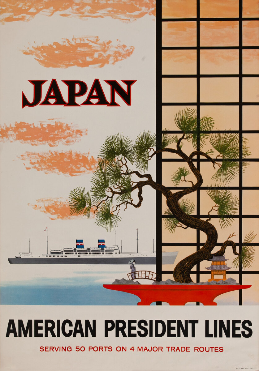 American President Lines APL Original Travel Poster, Japan