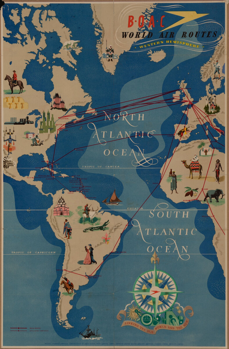 BOAC World Air Routes Original Travel Poster