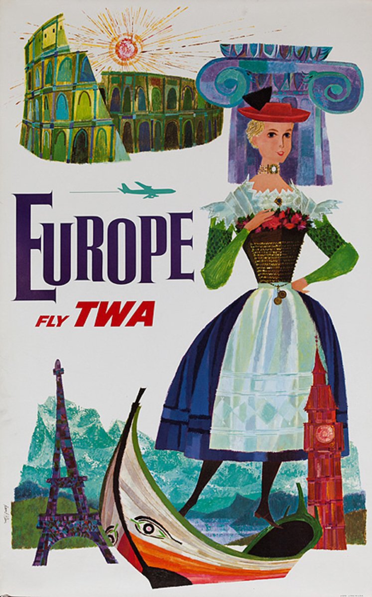 Europe Fly TWA Original Travel Poster 