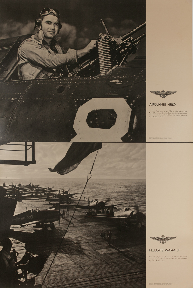 Original WWII US Navy Poster Air Gunner Hero Hellcats Warm Up