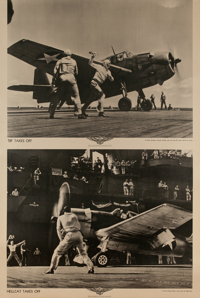 Original WWII US Navy Poster  TBF Takes Off Hellcat Takes Off