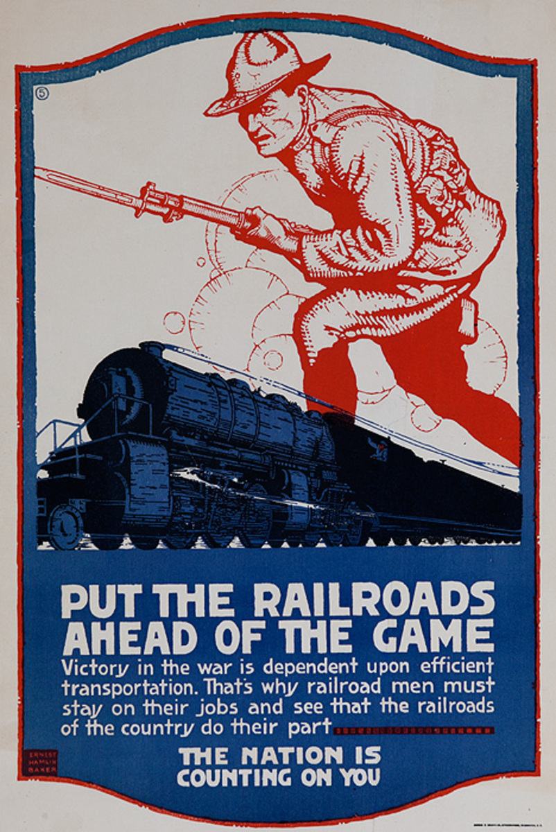 Put the Railroads Ahead of the Game Original WWI Railroad Workers Poster
