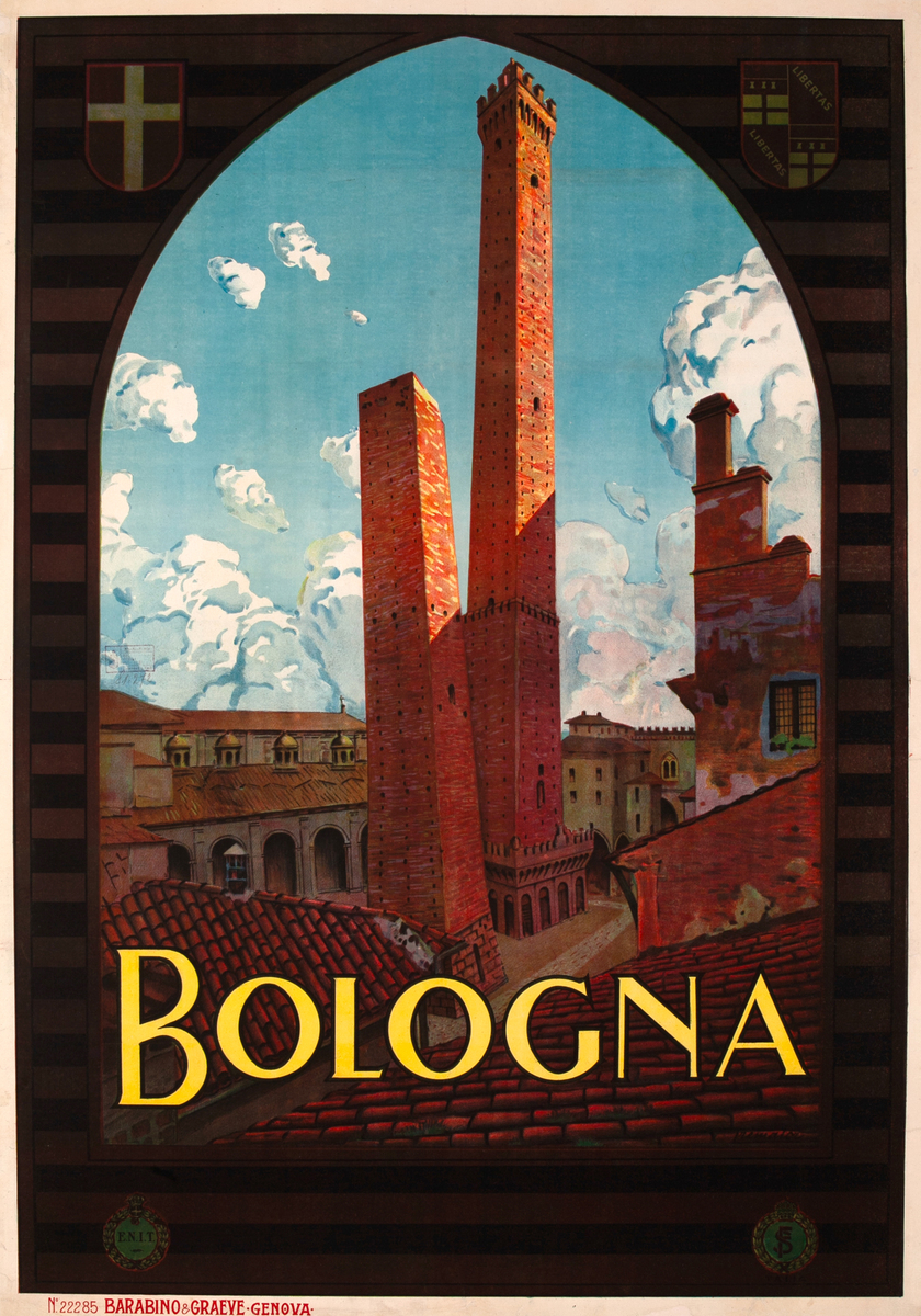 Bologna Italy ENIT Travel Poster Asinelli Garisenda Towers