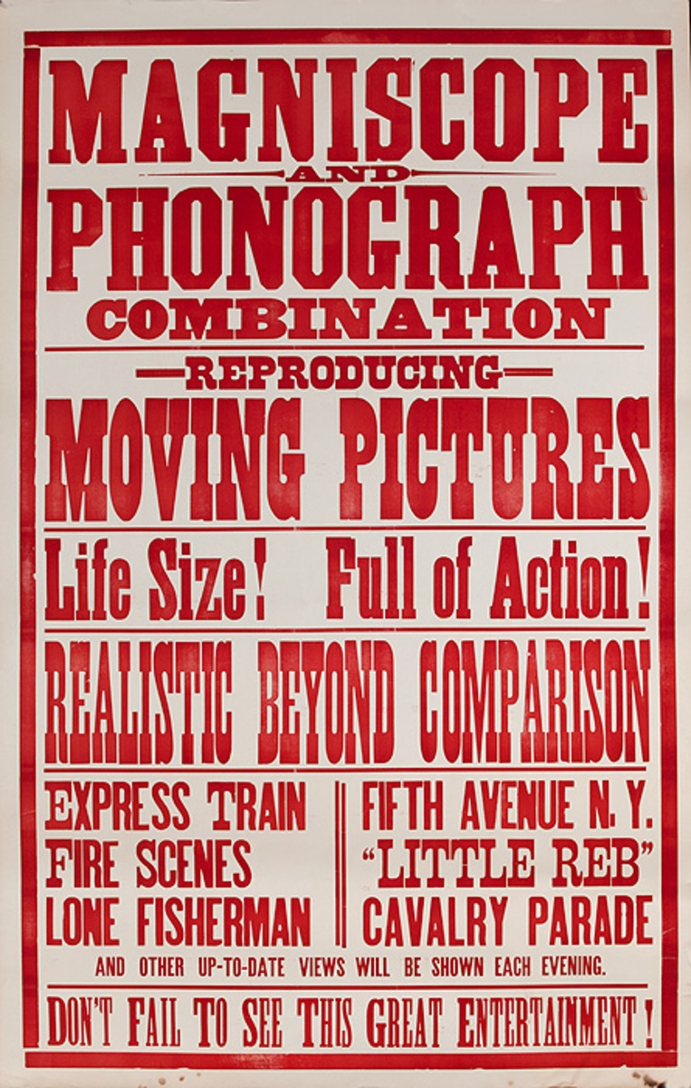 Original Early Movie Poster Moving Pictures Magniscope and Phonograph