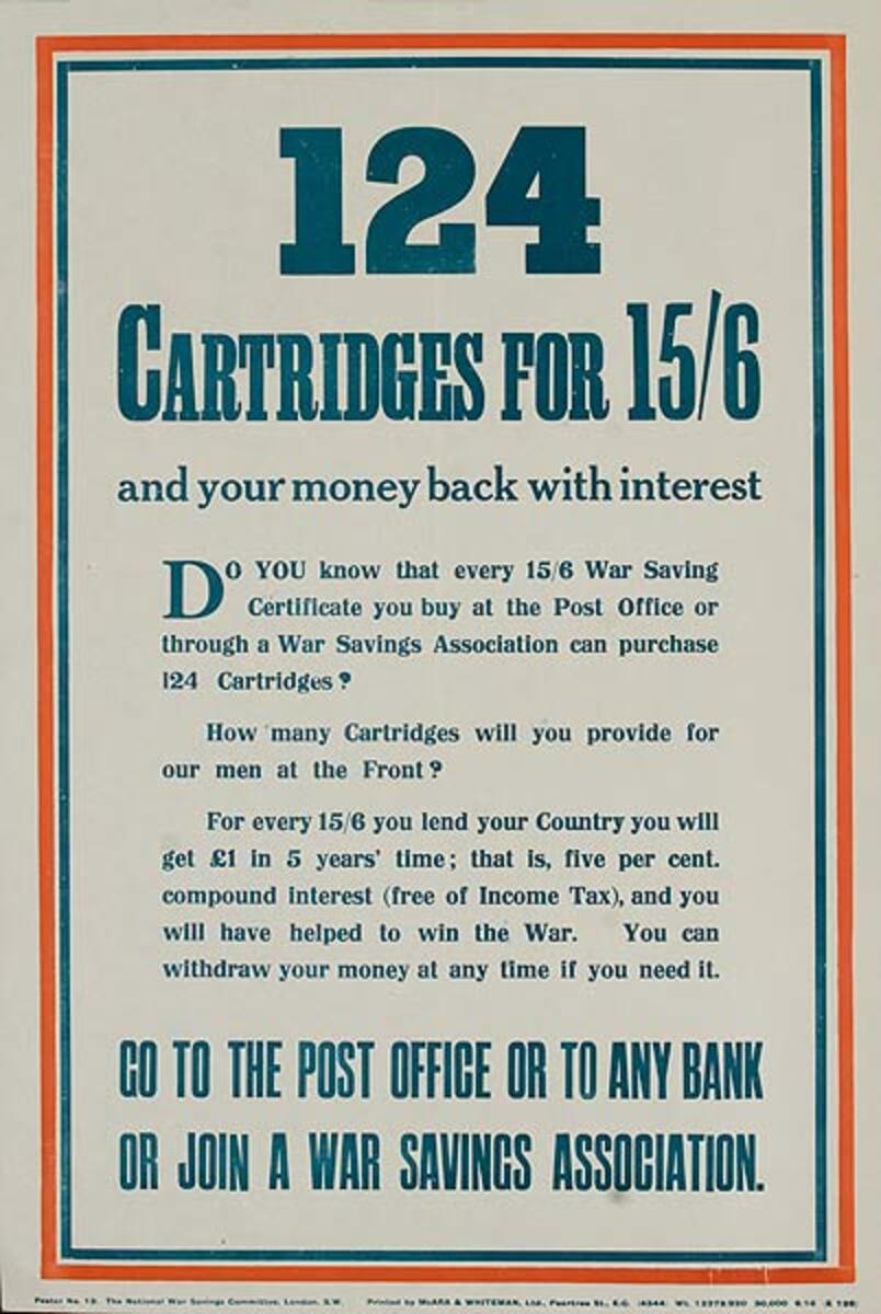 124 Cartridges for 15/16 Original British WWI War Savings Association Poster