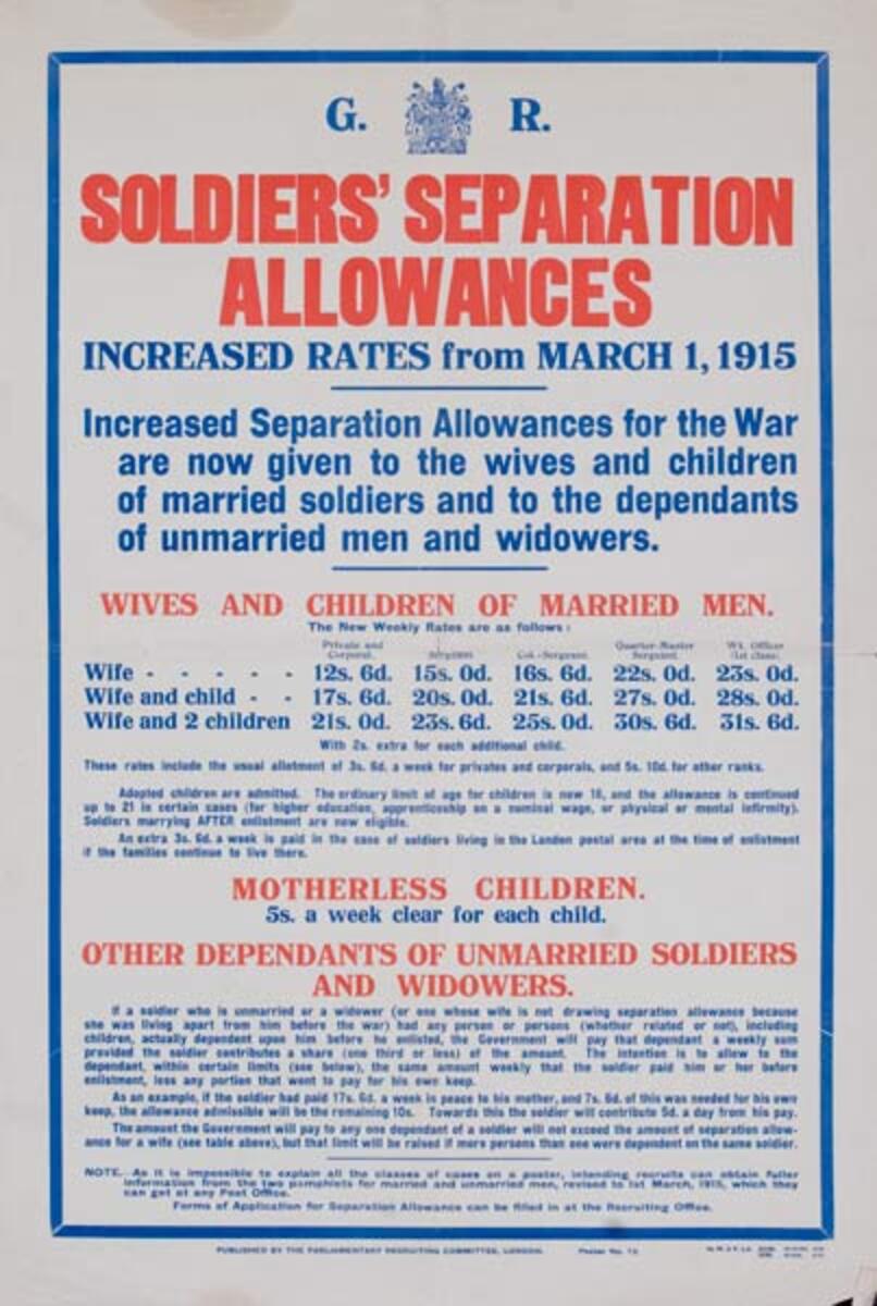 Soldiers Seperation Allowances Original British WWI Poster