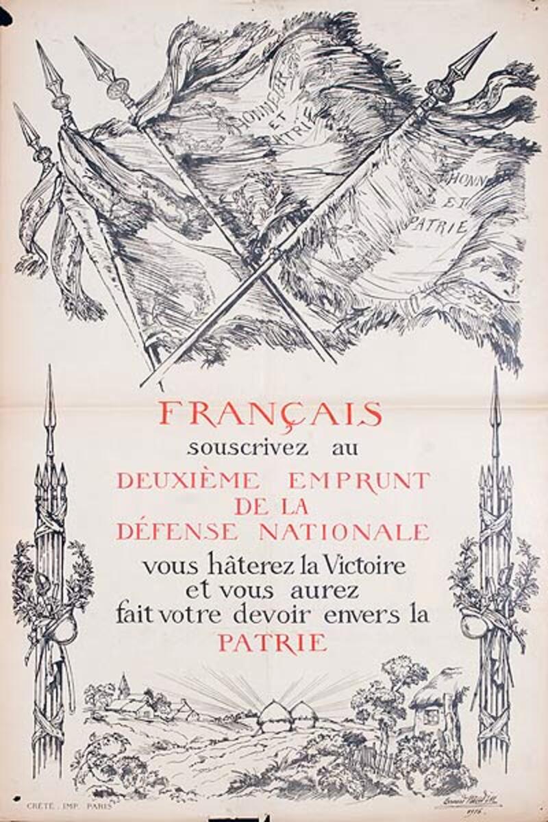 Francais Souscrivez ad Deuxieme Empraunt De La Defense Nationale Original French WWI Poster