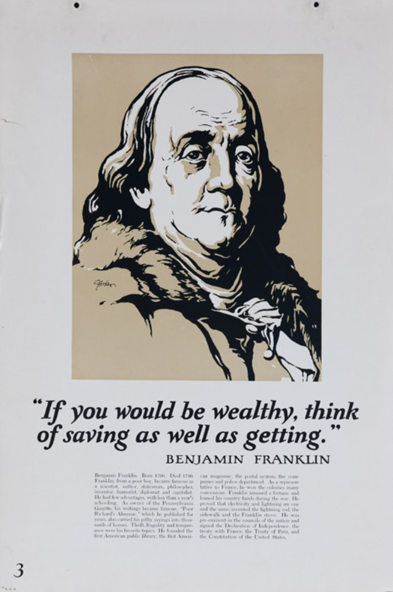 Original 1920s Bank Finance Poster Ben Franklin Quote