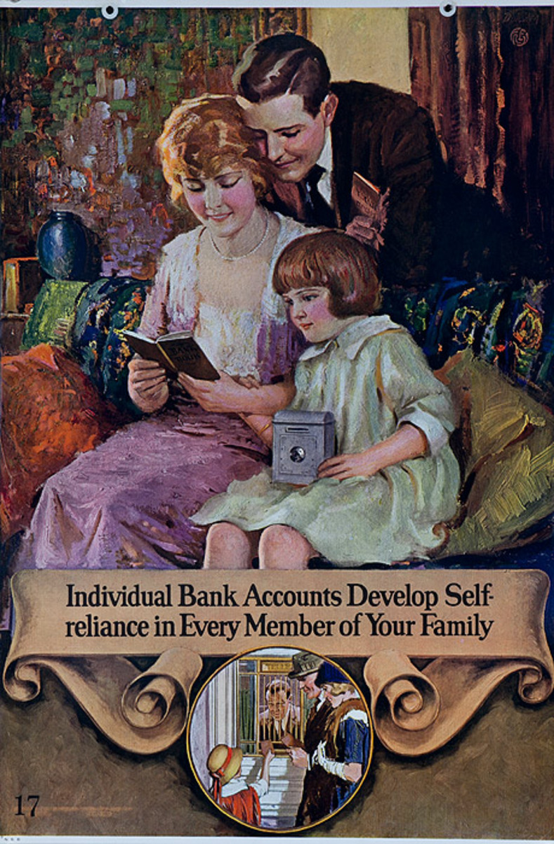 Original 1920s Bank Finance Poster Individual Bank Accounts Develop Self-reliance in Every Member of Youtr Family