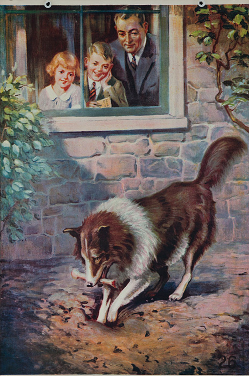 Original 1920s Bank Finance Poster Collie Burying Bone