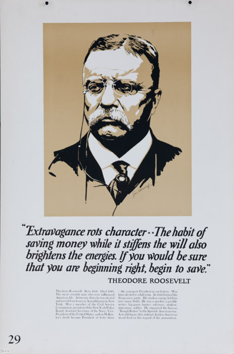 Original 1920s Bank Finance Poster Theodore Roosevelt Quote