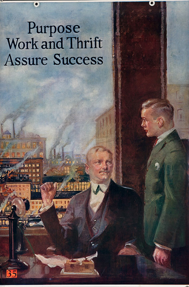 Original 1920s Bank Finance Poster Purpose Work and Thrift Assure Success