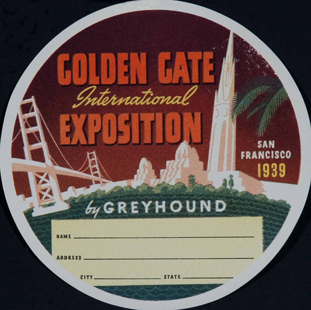Golden Gate International Exposition Original Greyhound Bus Luggage Label round