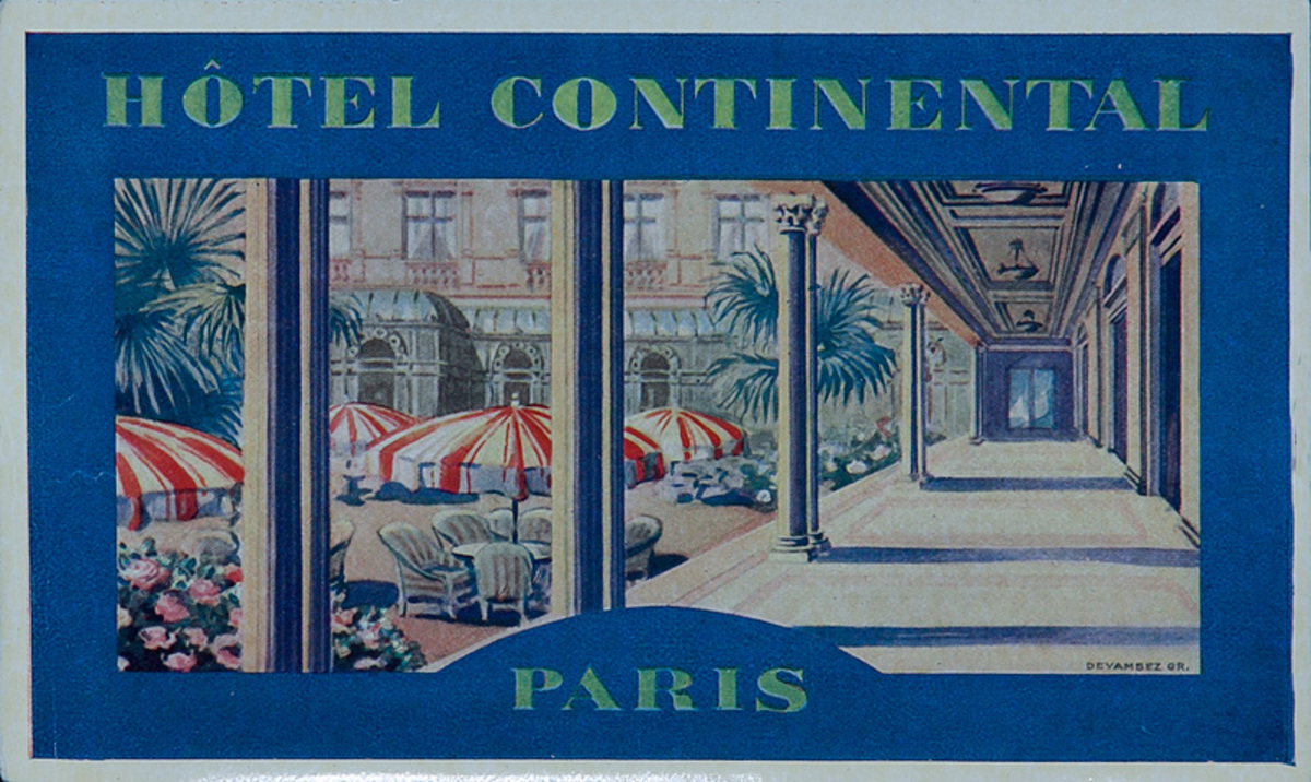 Hotel Continental Paris Original French Luggage Label