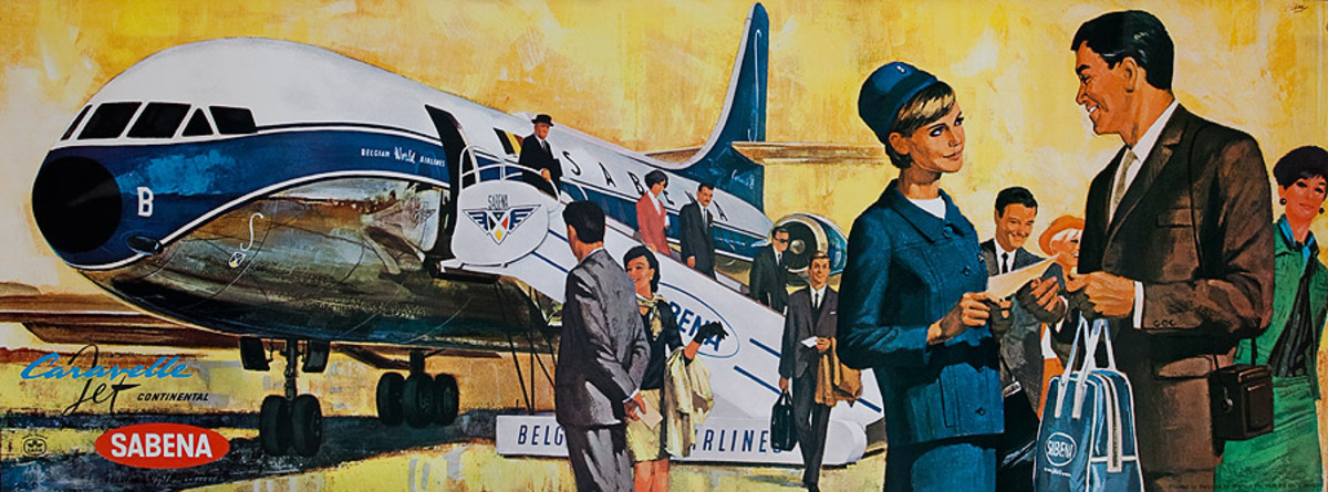 Sabena Belgian Airlines Original Travel Poster boarding jet