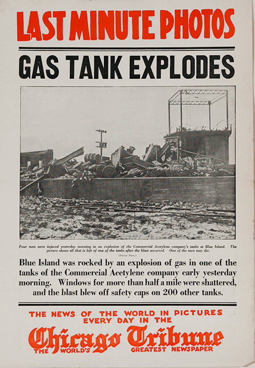 The Chicago Tribune Original Daily Newspaper Advertising Poster Gas Tank Explodes