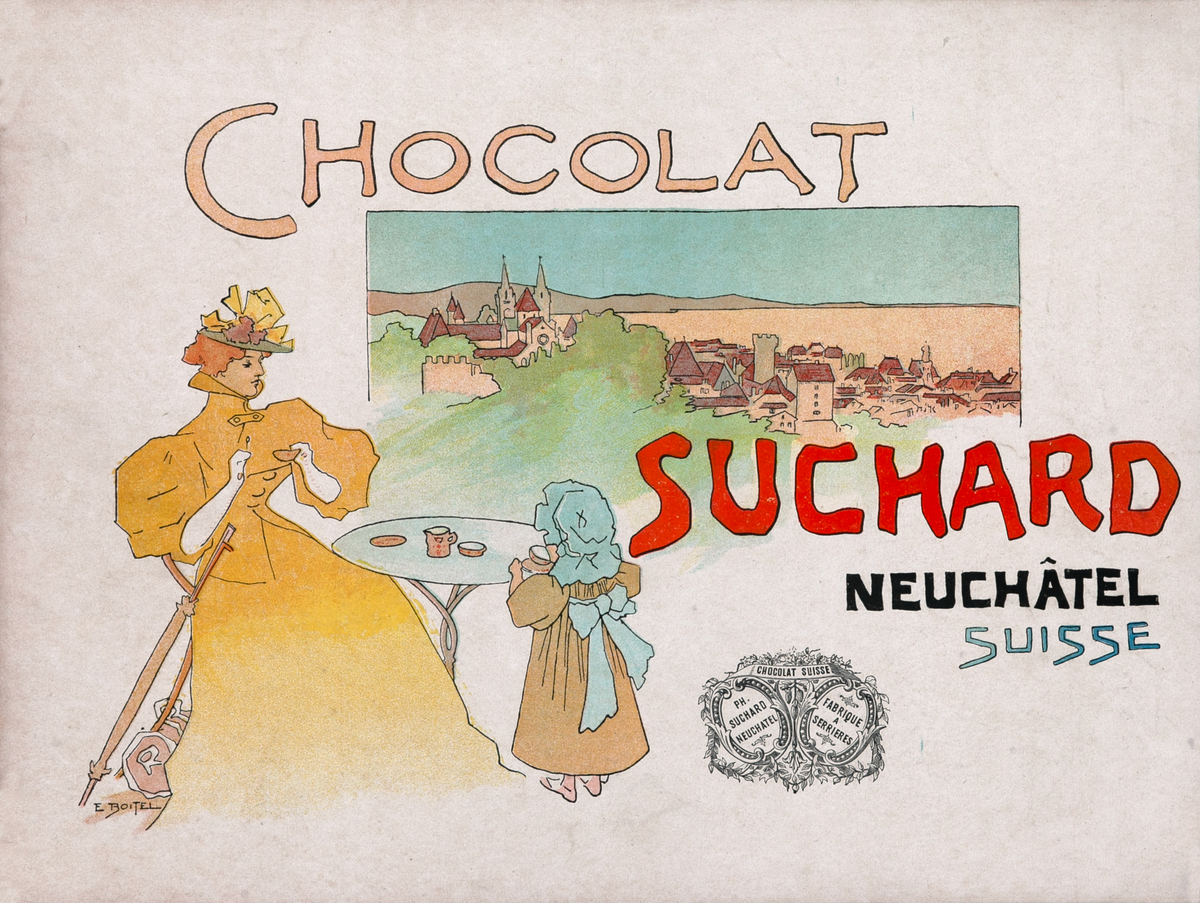 Original Art Nouveau Suchard Neuchatel Switzerland Chocolate Vintage Poster