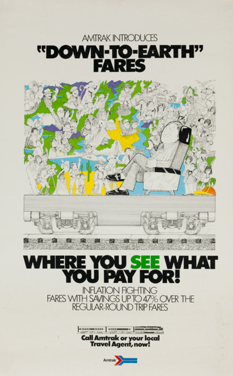 Down to Earth Fares, where you see what you pay for! Amtrak Rail Poster