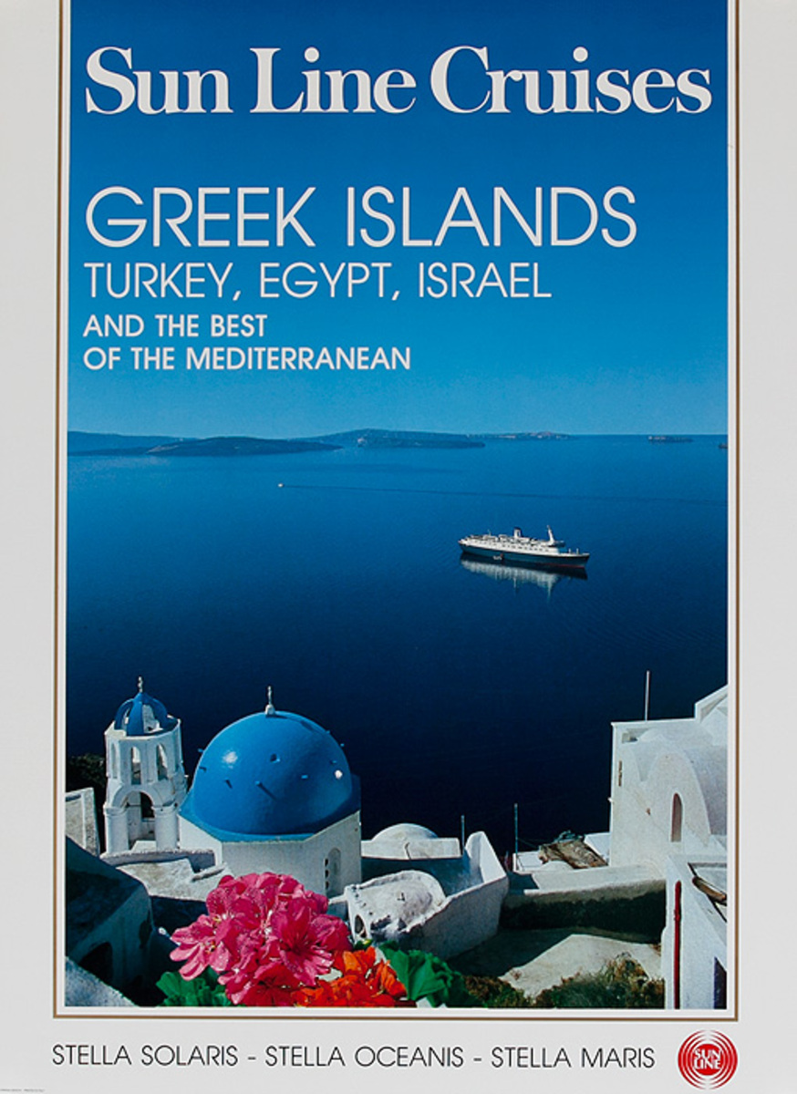 Sun Lines Cruises Greek Islands Turkey, Egypt, Israel Mediterranean Original Travel Poster