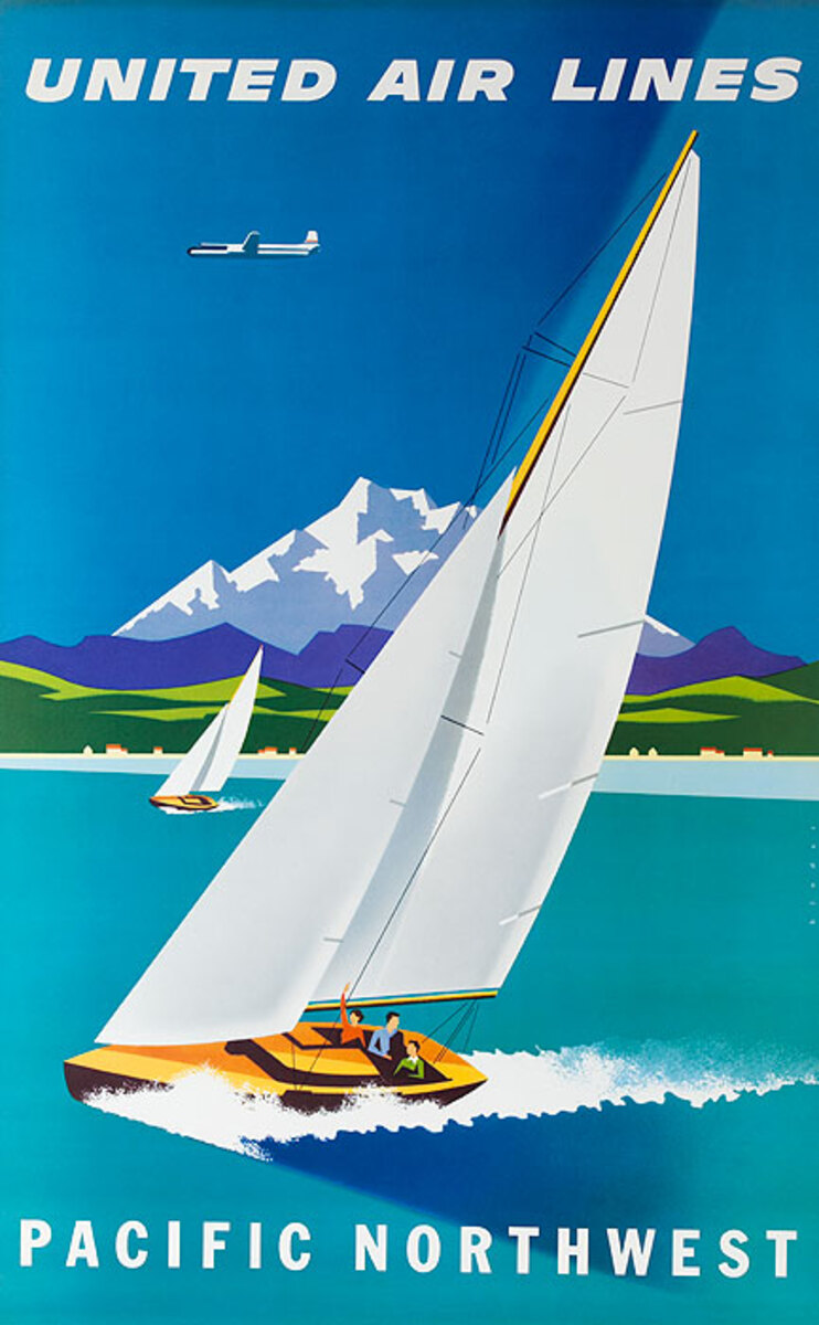 United Air Lines Original Travel Poster Pacific Northwest Sailboat