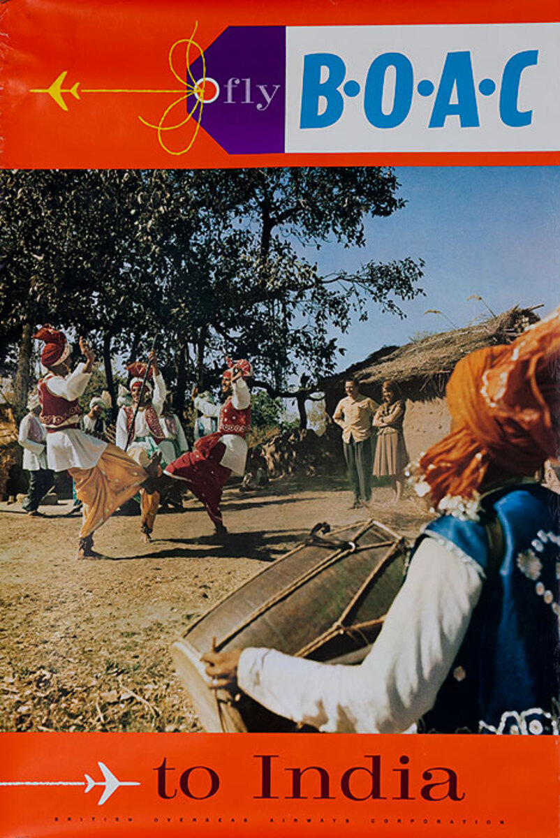 Fly BOAC to India Original Travel Poster dancers photo