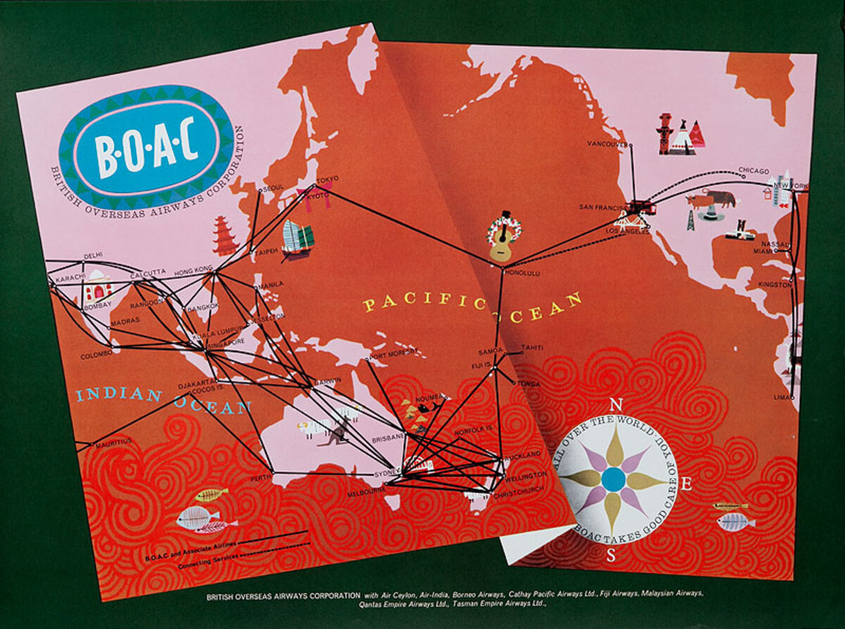 BOAC Original British Overseas Airways Corporation Travel Poster Map pink red