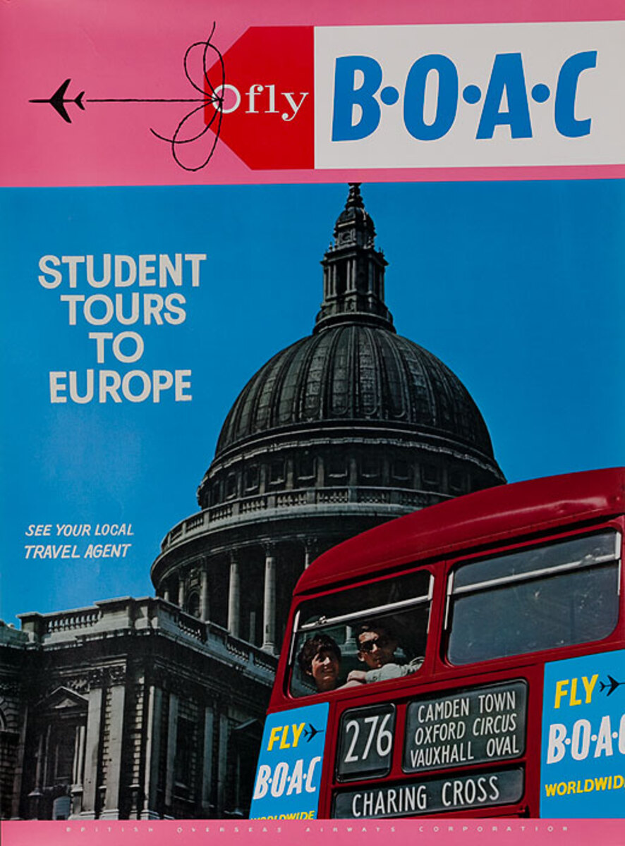 Fly BOAC Student Tours to Europe Original Travel Poster