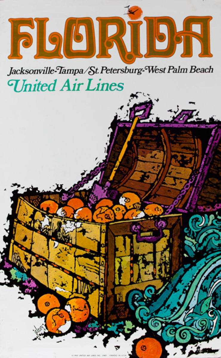 United Air Lines Original Travel Poster Jacksonville Tamps/St. Petersburg West Palm Beach Treasure Chest