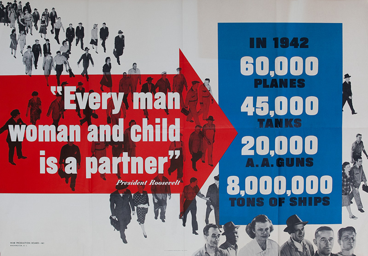Original WWII Poster Rossevelt Quote Every Man Womand and Child is a Partner