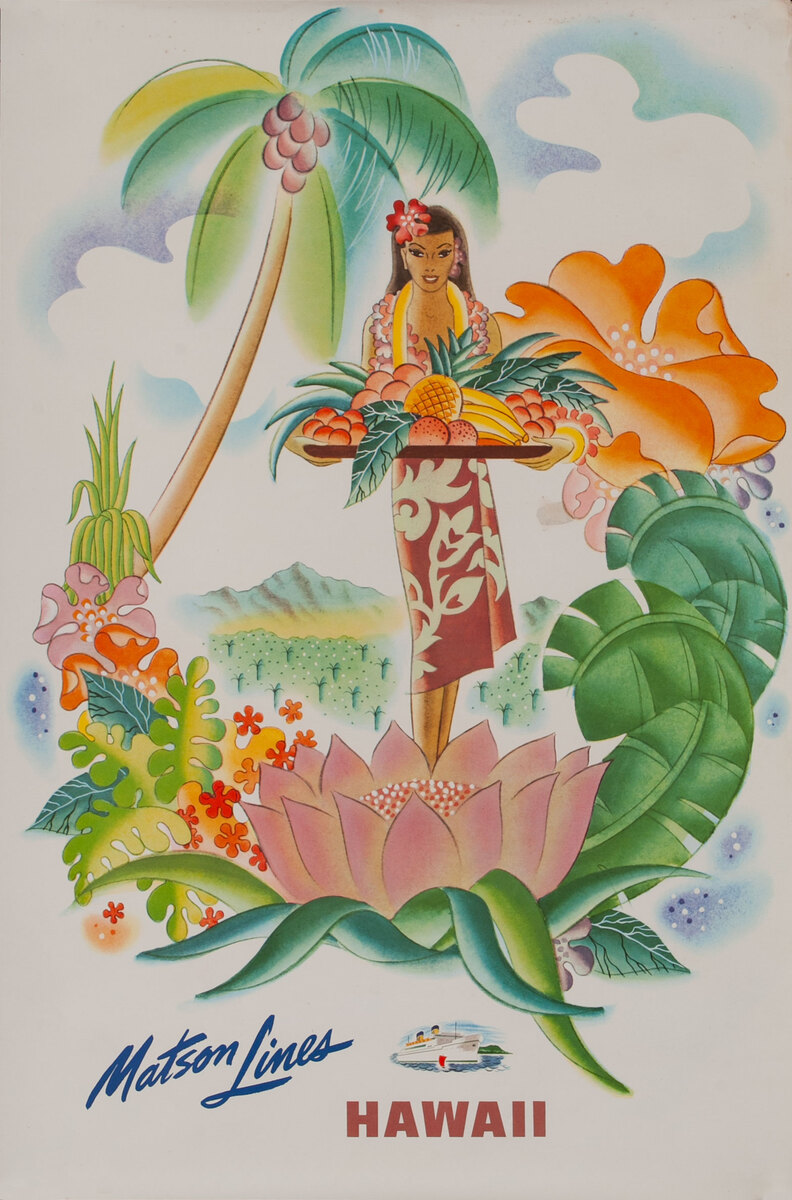 Matson Lines Hawaii Original Travel Poster Woman with Tropical Fruit