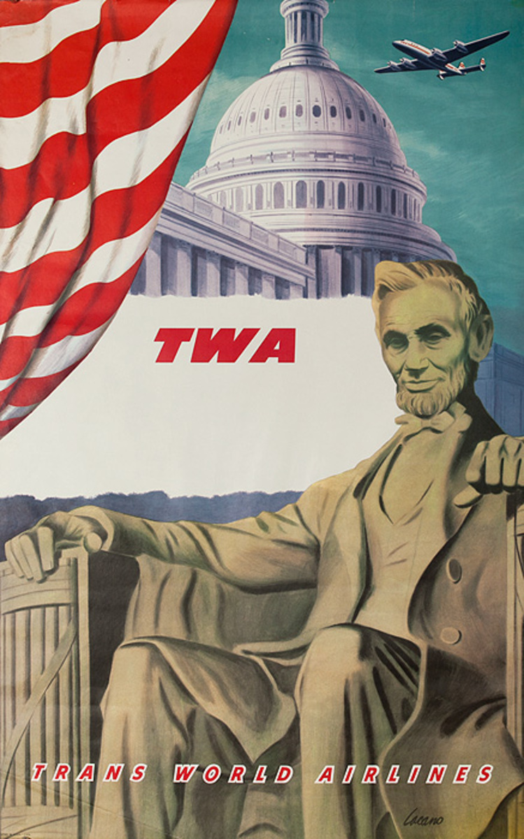 TWA Trans World Airlines Original Travel Poster Washington DC Capitol Lincoln Memorial